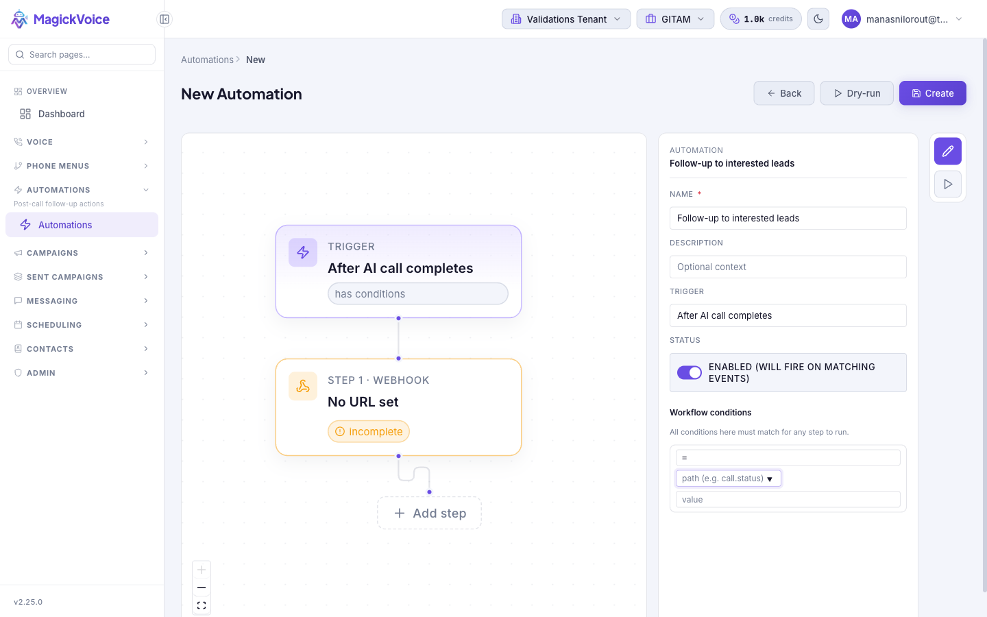 Right panel with the automation name filled in, a Trigger dropdown set to After AI call completes, an Enabled status toggle, and a Workflow conditions row with an operator, a path field, and a value field