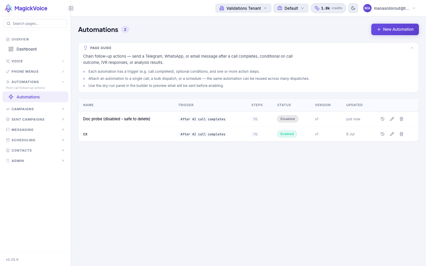 Automations page with a New Automation button, a page guide explaining triggers, conditions, and action steps, and a table listing automations with Name, Trigger, Steps, Status, Version, and Updated columns plus Run history, Edit, and Delete row actions