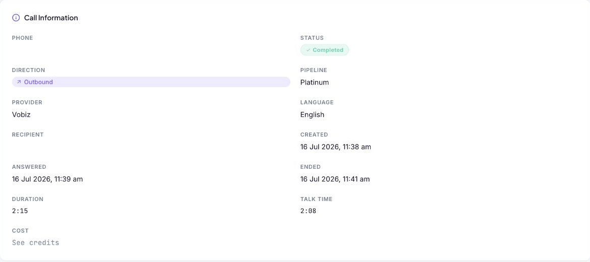 Call Information panel with redacted contact data, status, direction, pipeline, provider, timing, duration, talk time, and cost link