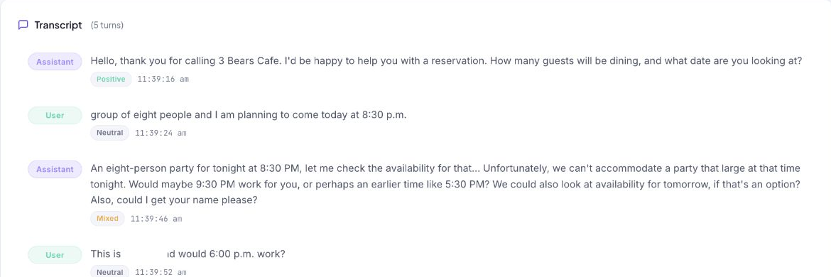 Transcript with assistant and user turns, per-turn sentiment, timestamps, and a redacted personal name