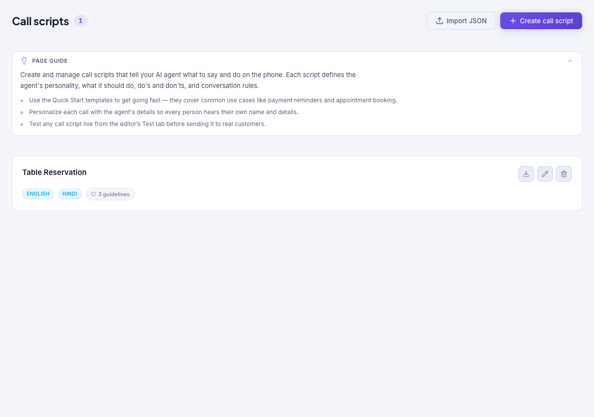 Call scripts library with page guide, Import JSON and Create call script buttons, and a script card showing language chips and guideline count