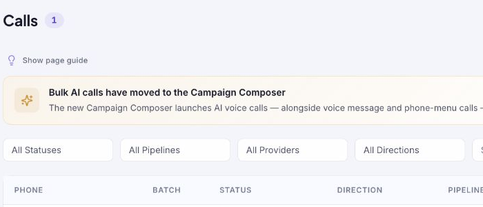 Calls page showing the Campaign Composer notice and call filters