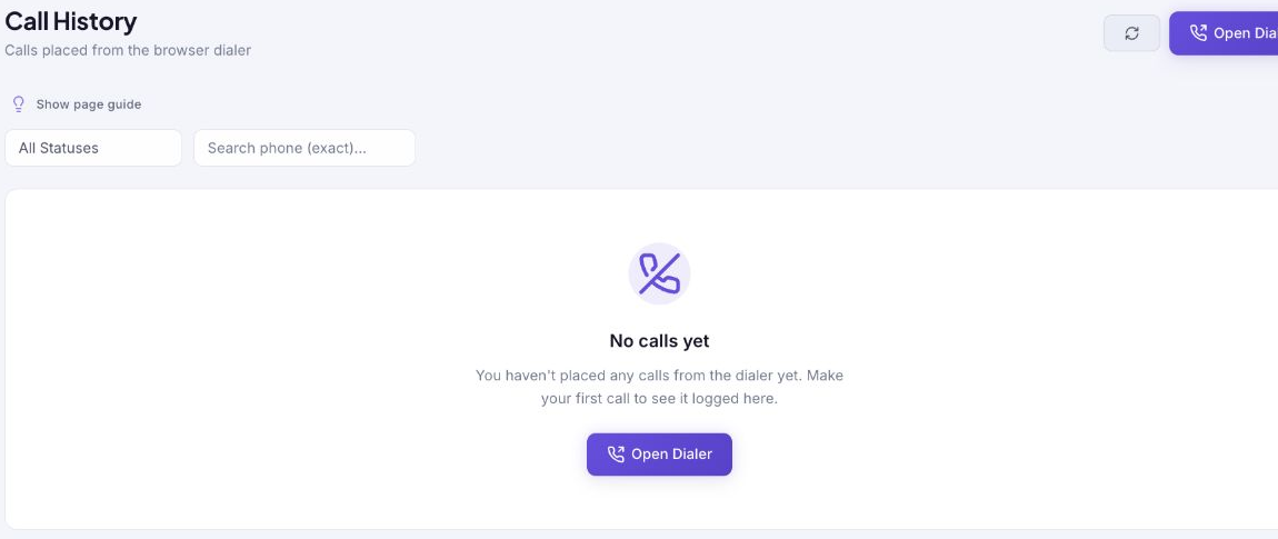 Dialer call history empty state with filters and Open Dialer button