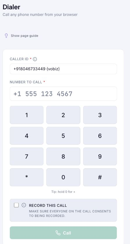 Browser dialer with caller ID, phone number field, keypad, recording option, and call button