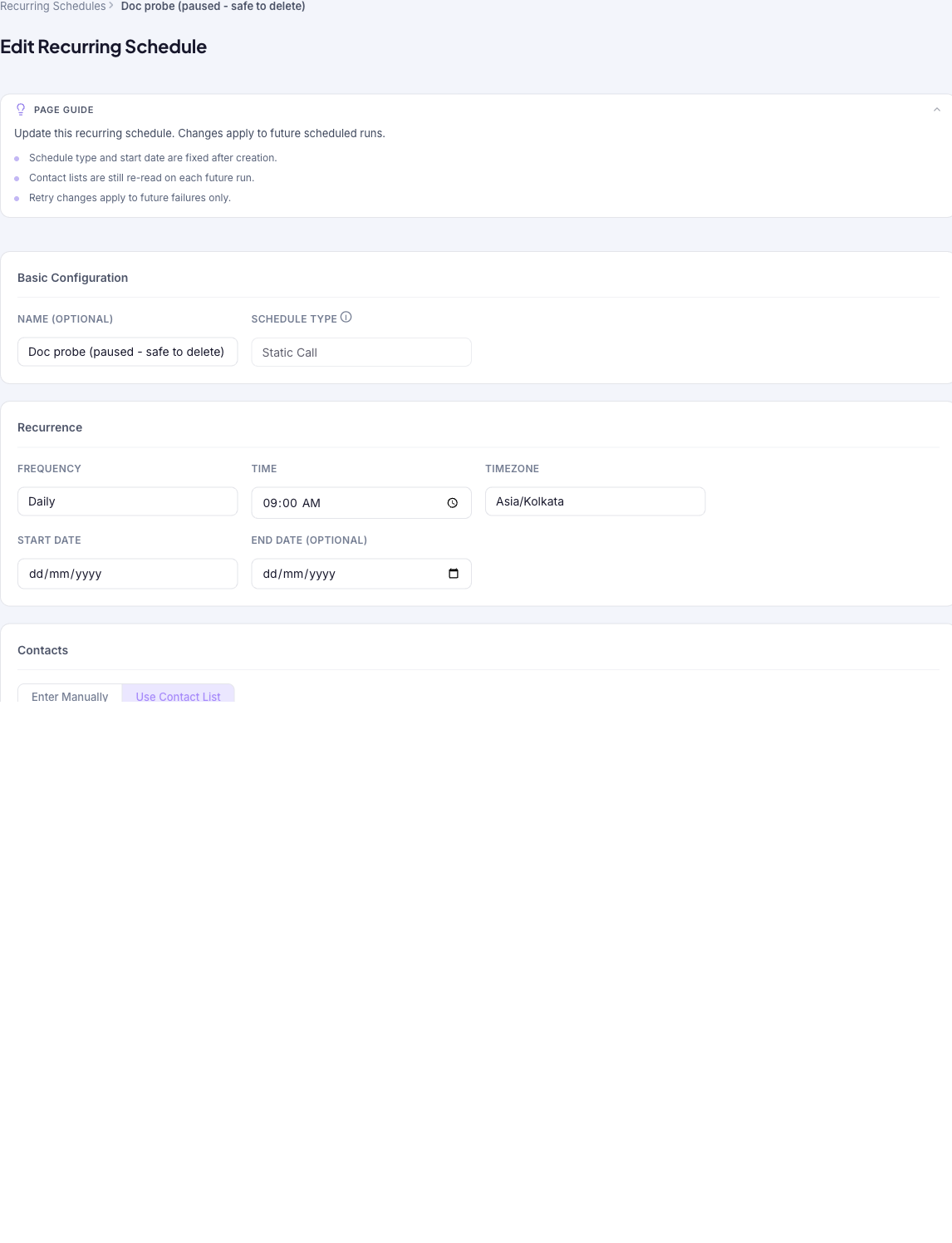 Edit Recurring Schedule form pre-filled with the schedule's settings, with the Schedule Type and Start Date fields disabled and a note that they are fixed after creation