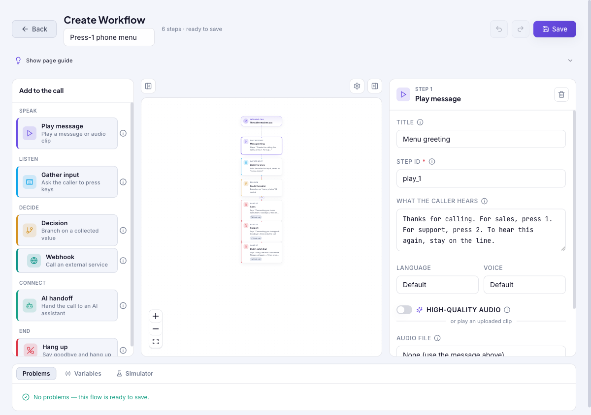 IVR builder showing the Add to the call step palette, the call-flow canvas, the Play message step inspector, and the Problems dock