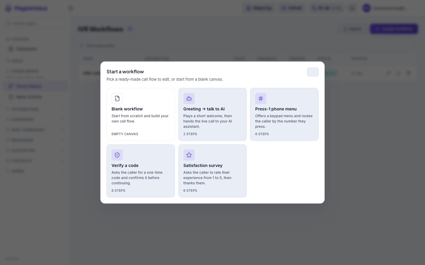 Start a workflow dialog with template cards: Blank workflow, Greeting to talk to AI, Press-1 phone menu, Verify a code, and Satisfaction survey
