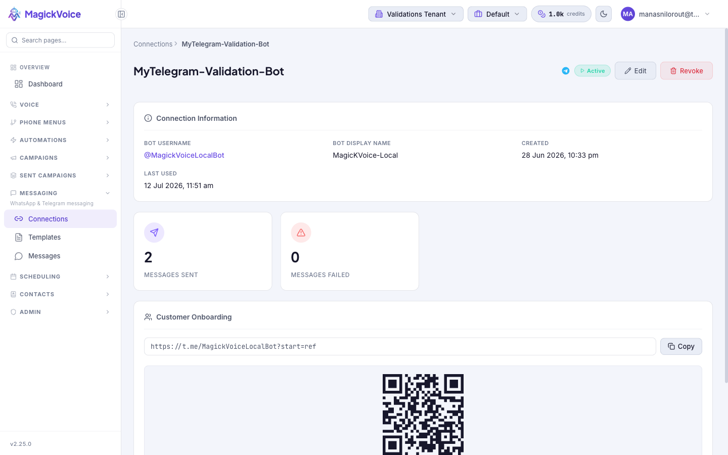 Connection detail page for a Telegram connection showing a Connections breadcrumb, the connection name with a status pill and Edit and Revoke buttons, a Connection Information section, Messages Sent and Messages Failed tiles, and a Customer Onboarding section with a copyable invite link