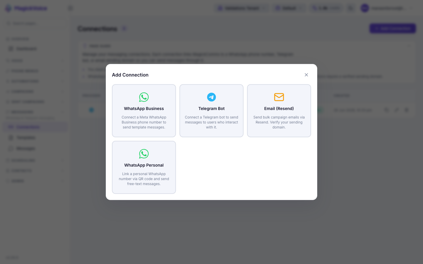 Add Connection dialog showing four provider cards — WhatsApp Business, Telegram Bot, Email (Resend), and WhatsApp Personal