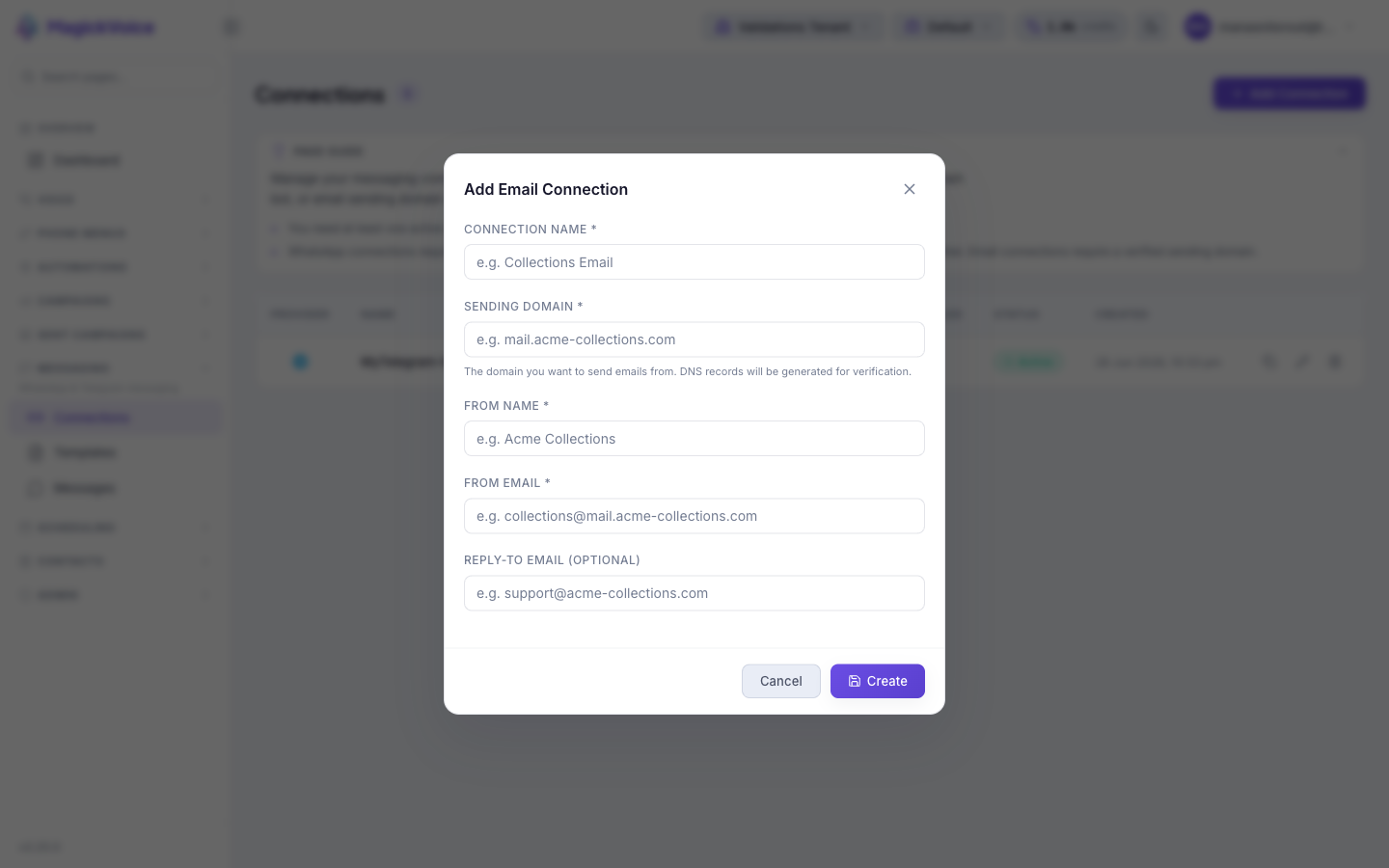 Add Email Connection form with Connection Name, Sending Domain, From Name, From Email, and Reply-To Email fields
