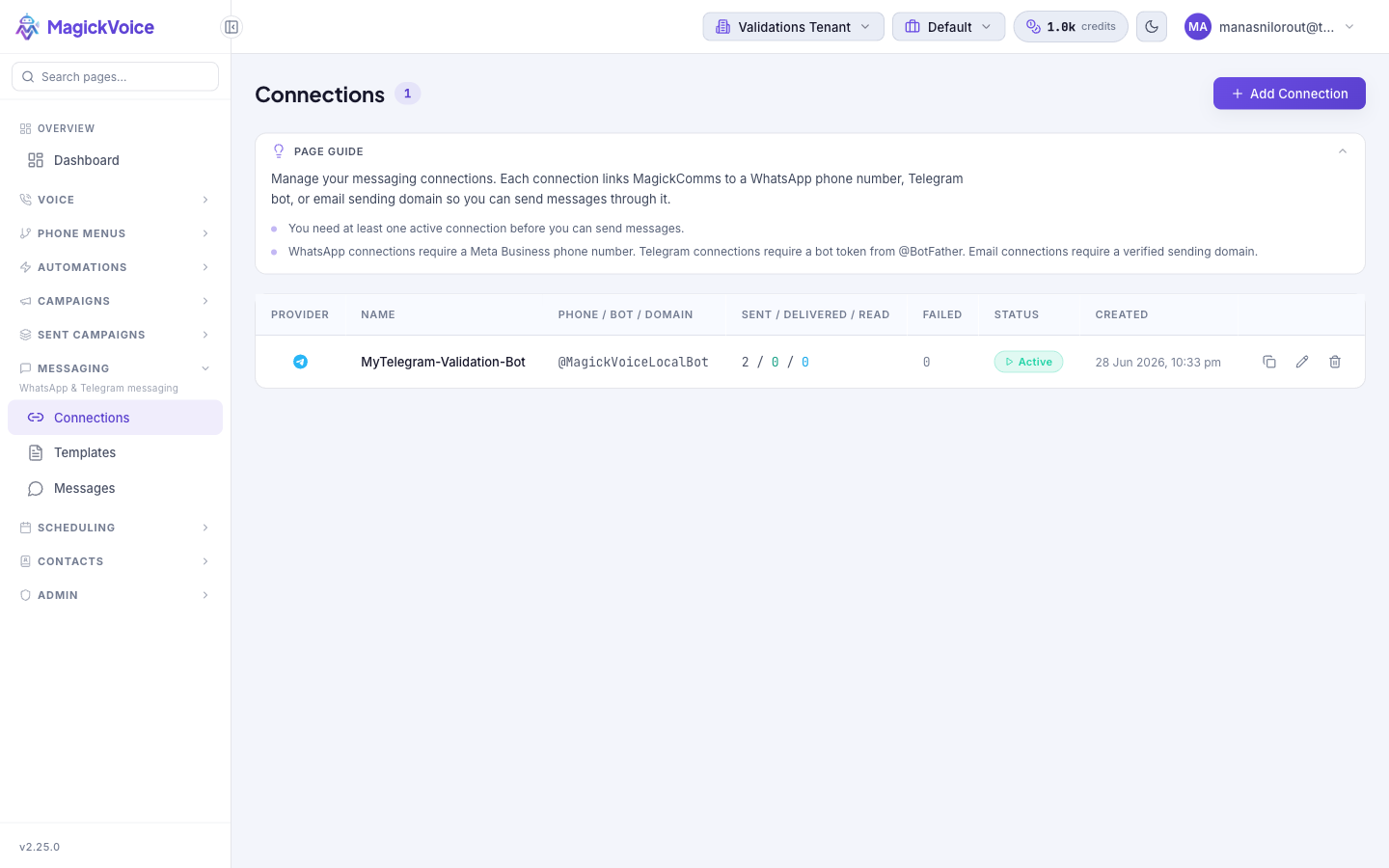 Connections list with an Add Connection button and a table showing Provider, Name, the phone/bot/domain, sent/delivered/read and failed counts, status, created date, and per-row actions