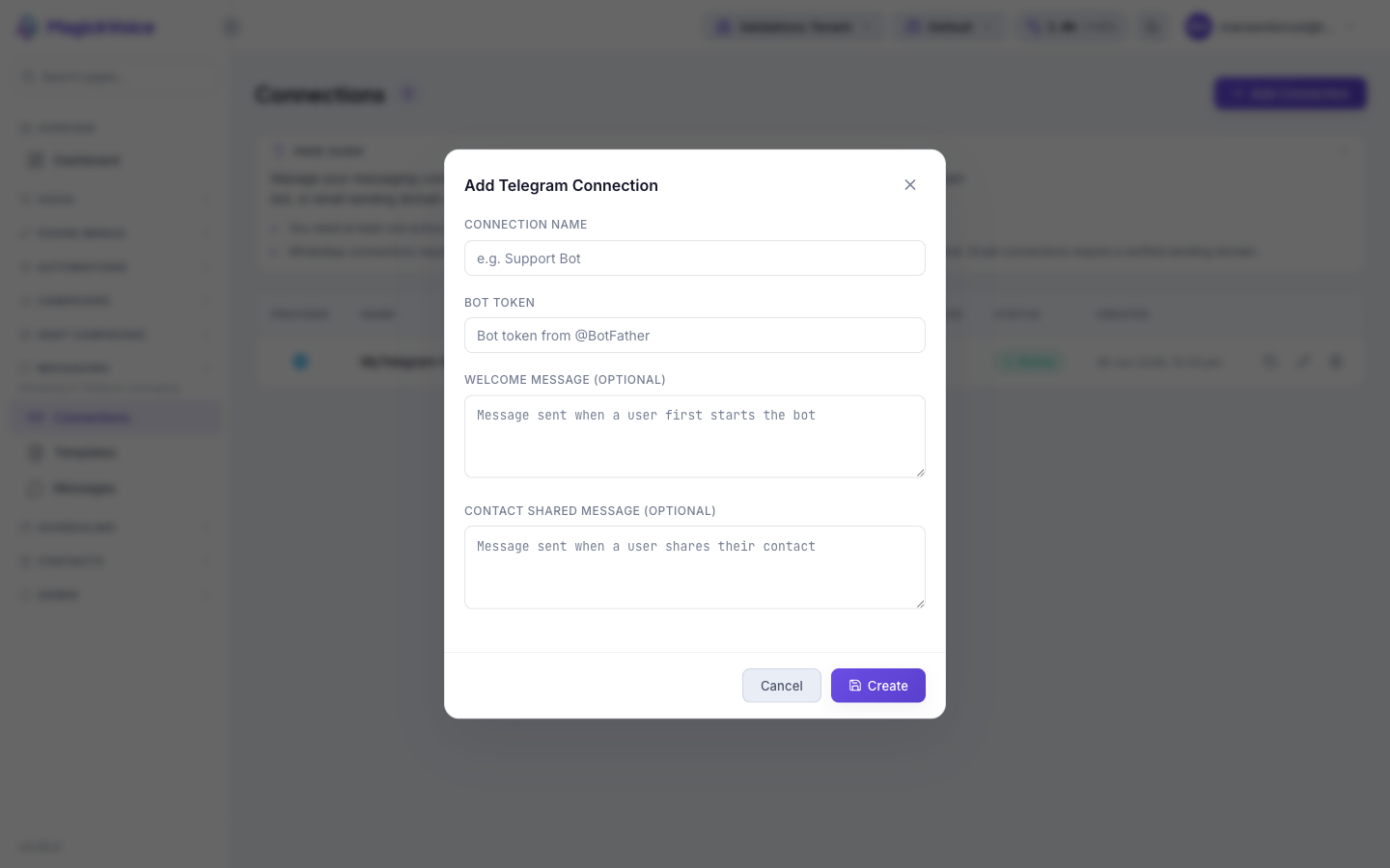Add Telegram Connection form with Connection Name, Bot Token, Welcome Message, and Contact Shared Message fields