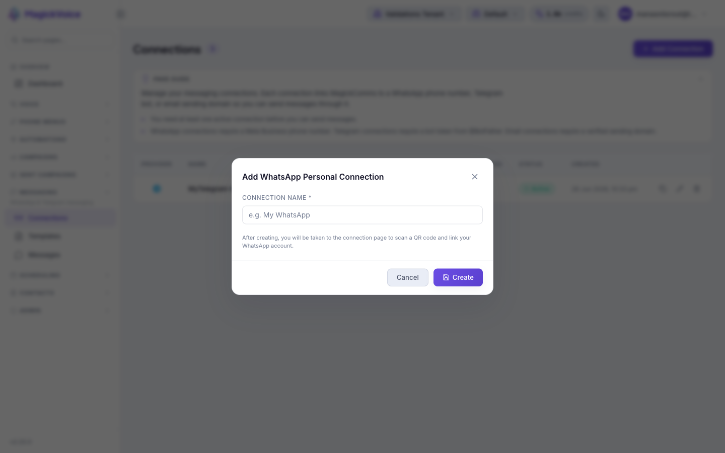Add WhatsApp Personal Connection form with a Connection Name field and a note about scanning a QR code after creating