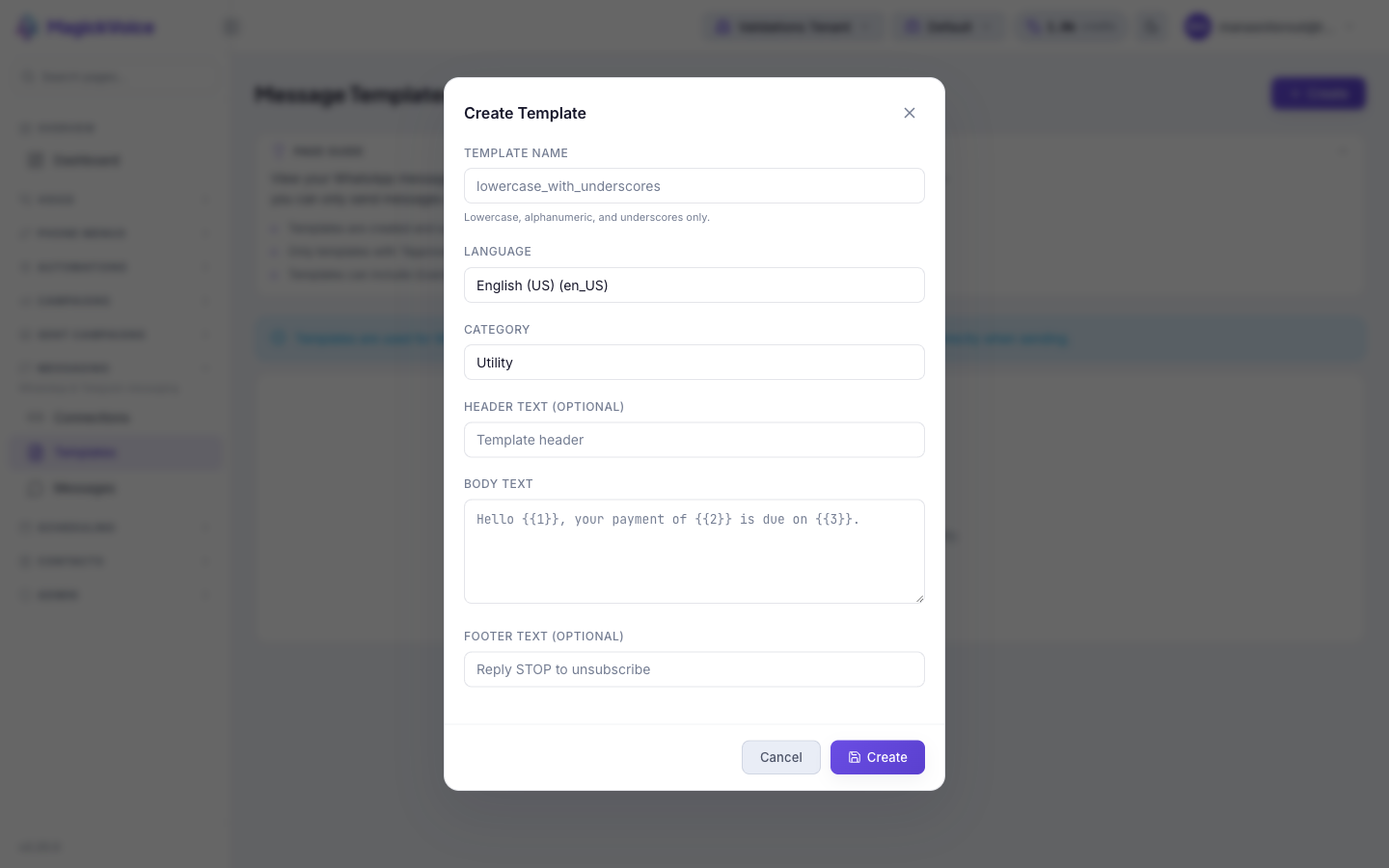 Create Template dialog with Template Name, Language, Category, optional Header Text, Body Text with numbered variables, optional Footer Text, and Cancel and Create buttons