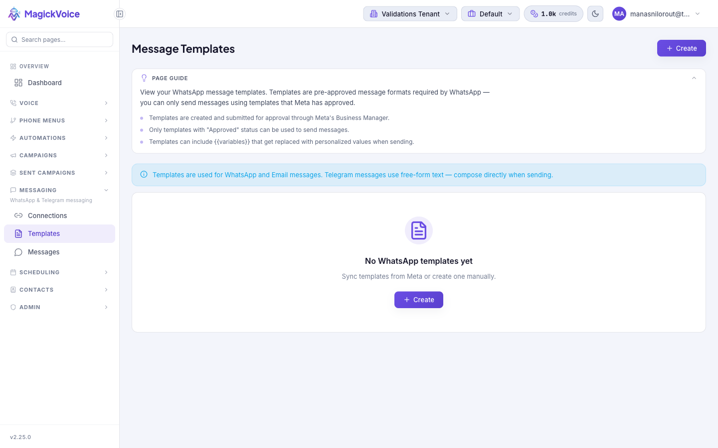 Message Templates page in its empty state with a Create button, the page guide explaining WhatsApp template approval, and a note that templates apply to WhatsApp and Email while Telegram is free-form