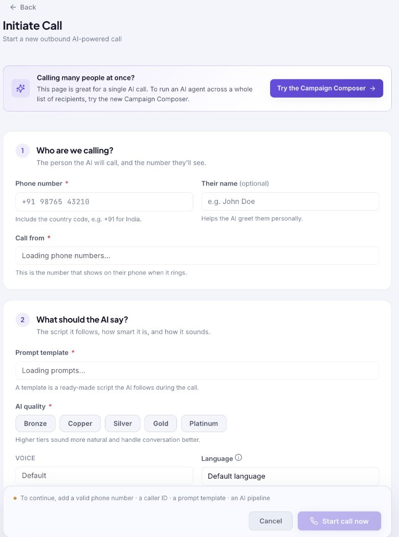 Initiate Call form with recipient, caller ID, prompt, and AI quality fields