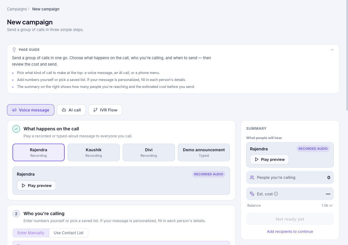 New campaign composer with a Voice message / AI call / IVR Flow type selector at the top and three numbered steps — What happens on the call, Who you're calling, and Settings & timing — plus a Summary rail on the right