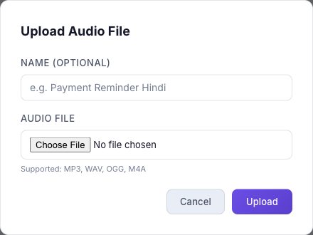Upload Audio File form with an optional Name field, a file drop area noting supported formats MP3, WAV, OGG, and M4A, and Cancel and Upload buttons