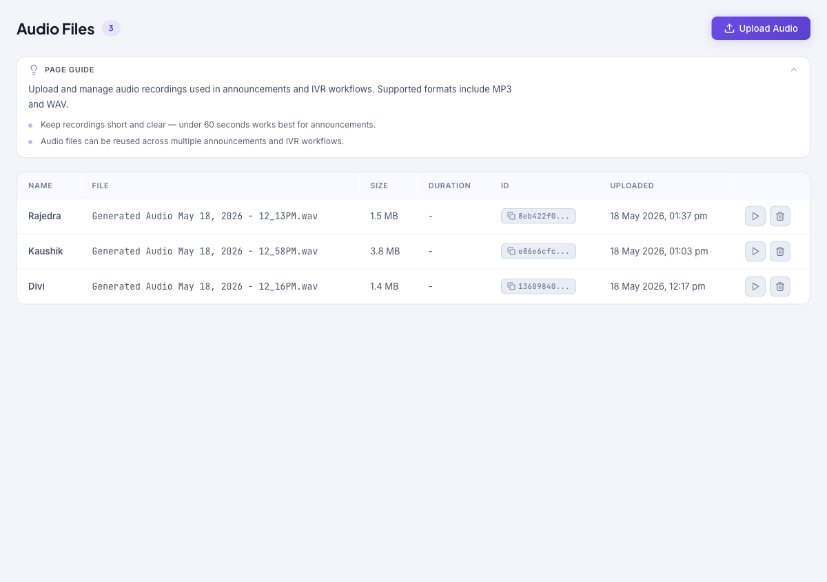 Audio Files page with an Upload Audio button, a page guide, and a table listing each file's Name, File name, Size, Duration, ID, and Uploaded date, with Play and Delete row actions
