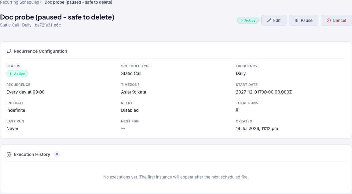 Recurring schedule detail page showing the name, an Active status pill, Edit/Pause/Cancel buttons, a Recurrence Configuration grid (Status, Schedule Type, Frequency, Recurrence, Timezone, Start/End dates, Retry, Total Runs, Last Run, Next Fire, Created), and an Execution History section reading "No executions yet"