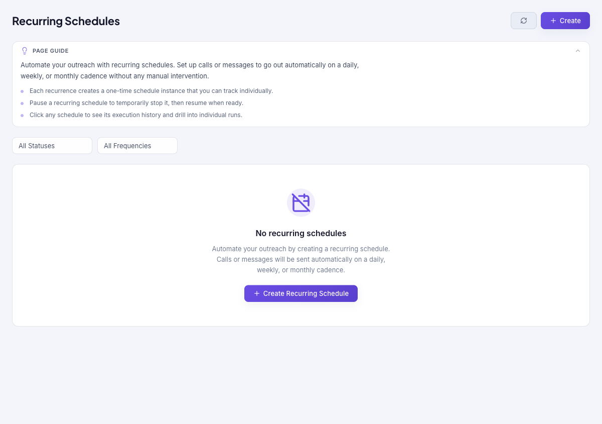 Recurring Schedules page with Refresh and Create buttons, a page guide, status and frequency filter dropdowns, and an empty state reading "No recurring schedules" with a Create Recurring Schedule button