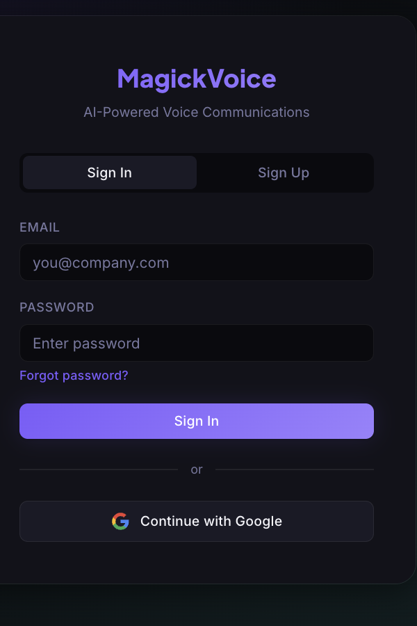MagickVoice sign-in form with email, password, password recovery, and Google sign-in controls