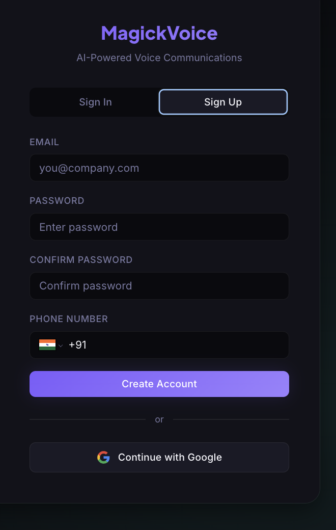 MagickVoice account creation form with email, password confirmation, phone country selector, and Create Account button