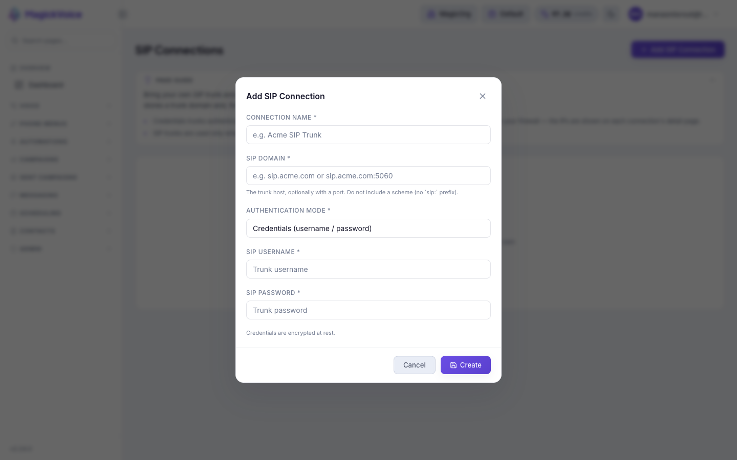 Add SIP Connection form with connection name, SIP domain, and authentication mode options