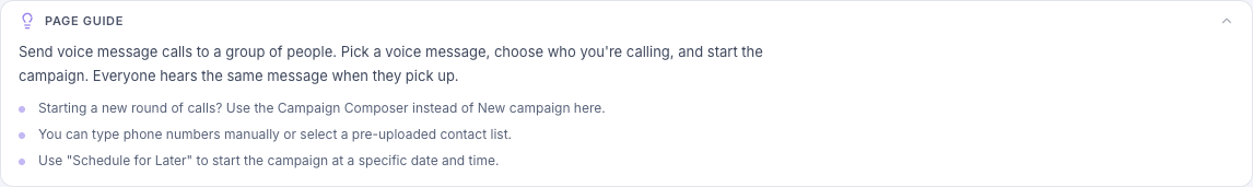 Voice message calls page with a page guide and a highlighted banner reading "Voice message calls have moved to the Campaign Composer" with an "Open the Campaign Composer" link