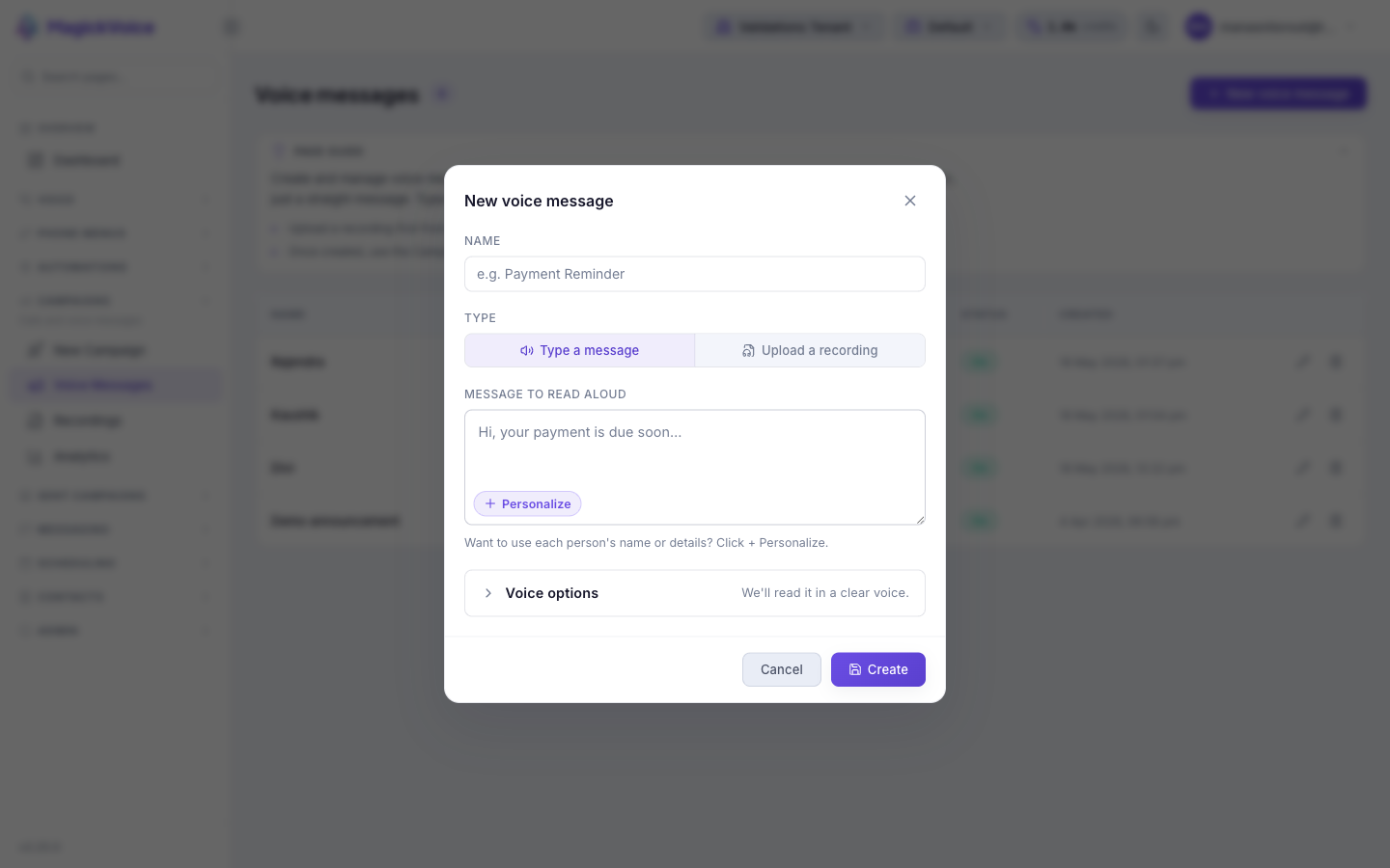 New voice message dialog with a Name field, a Type toggle between "Type a message" and "Upload a recording", a "Message to read aloud" text box with a Personalize button, and a Voice options section